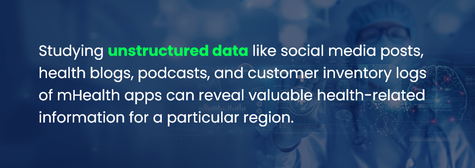 Studying unstructured data like social media posts, health blogs, podcasts, and customer inventory logs of mHealth apps can reveal valuable health-related information for a particular region.